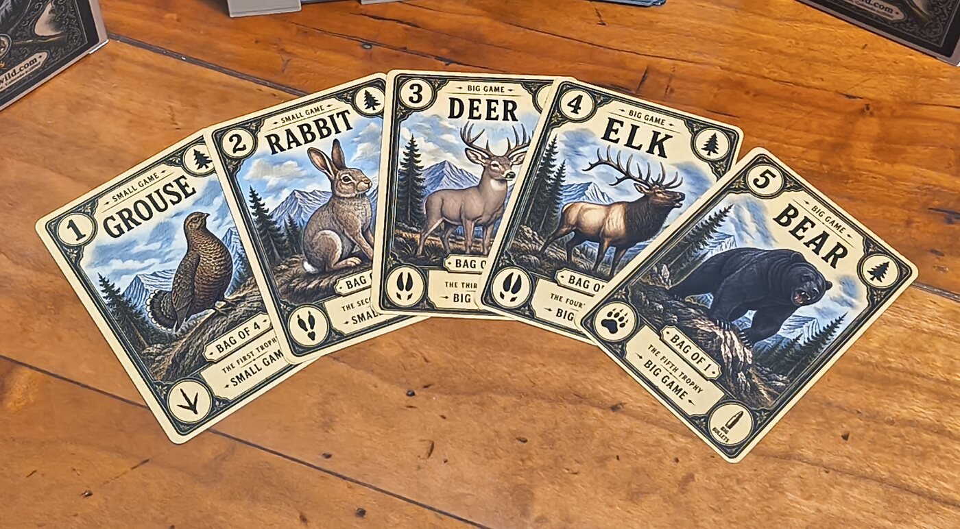 The five trophy cards fanned out: grouse, rabbit, deer, elk and bear, numbered one to five and marked small game or big game
