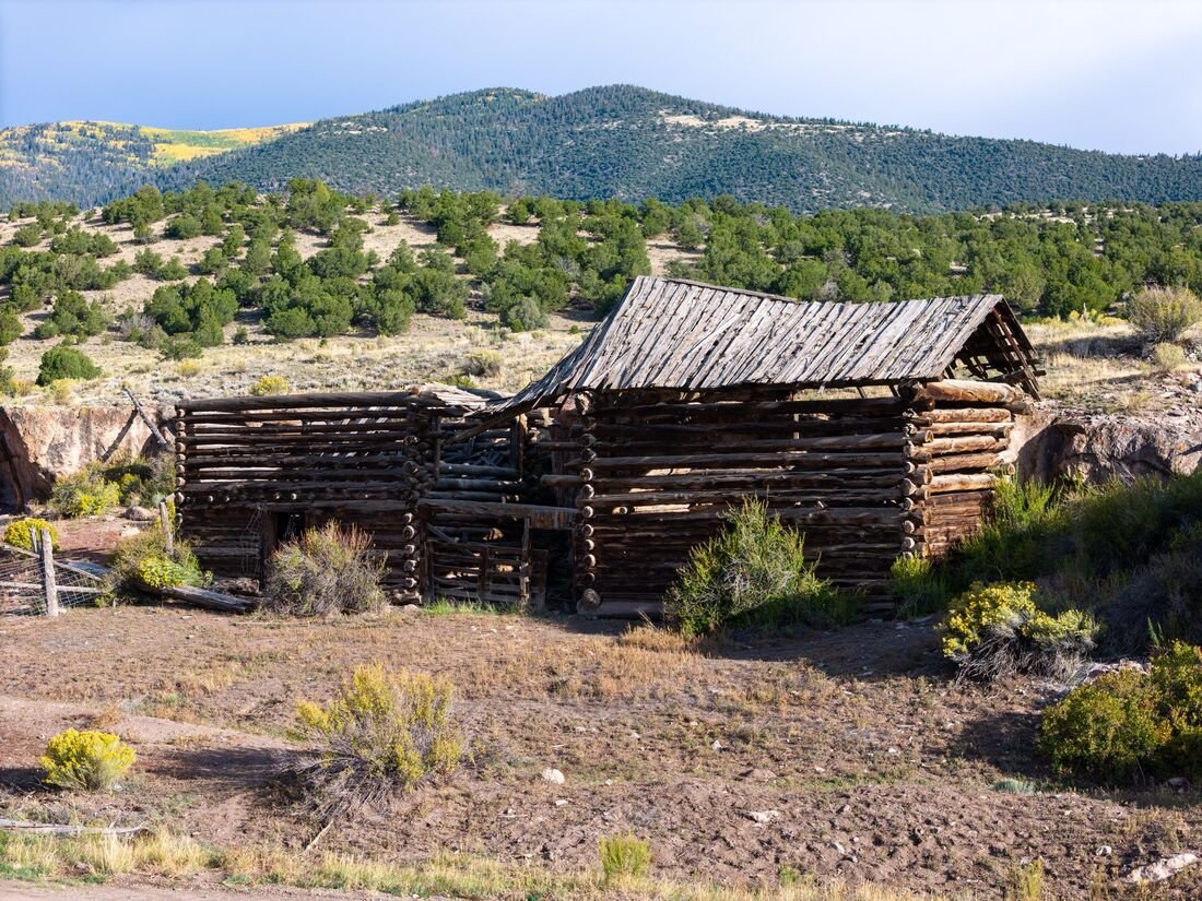 A collapsed log homestead building with a sagging roof, standing in sagebrush below a pinyon covered hill