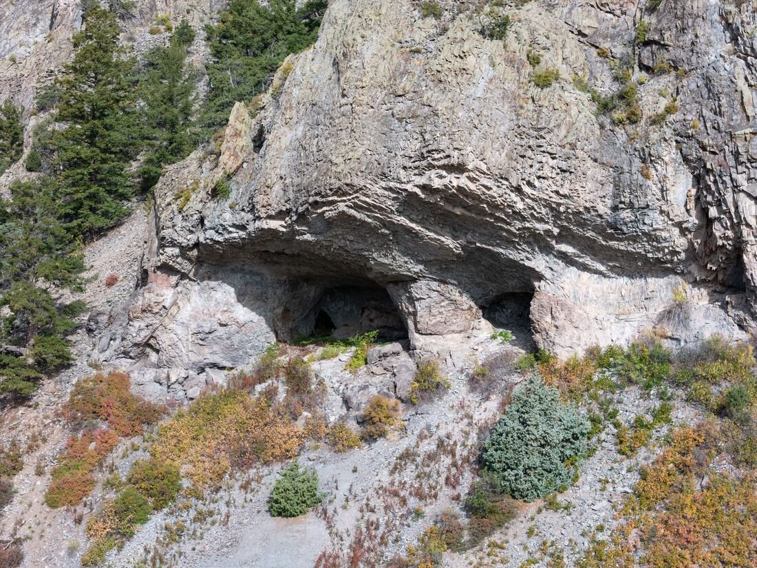 Openings cut into a pale rock face on a steep hillside above scrub and grass