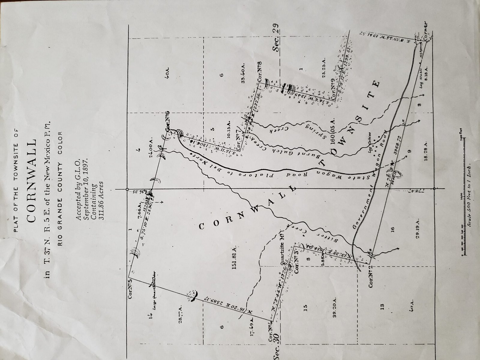 1897 General Land Office plat of the Cornwall townsite showing streets, creeks and section corners