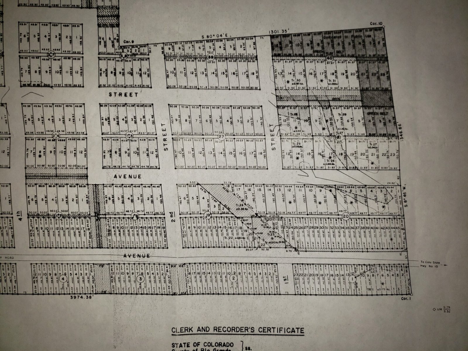 Surveyed plat sheet showing numbered lots and streets