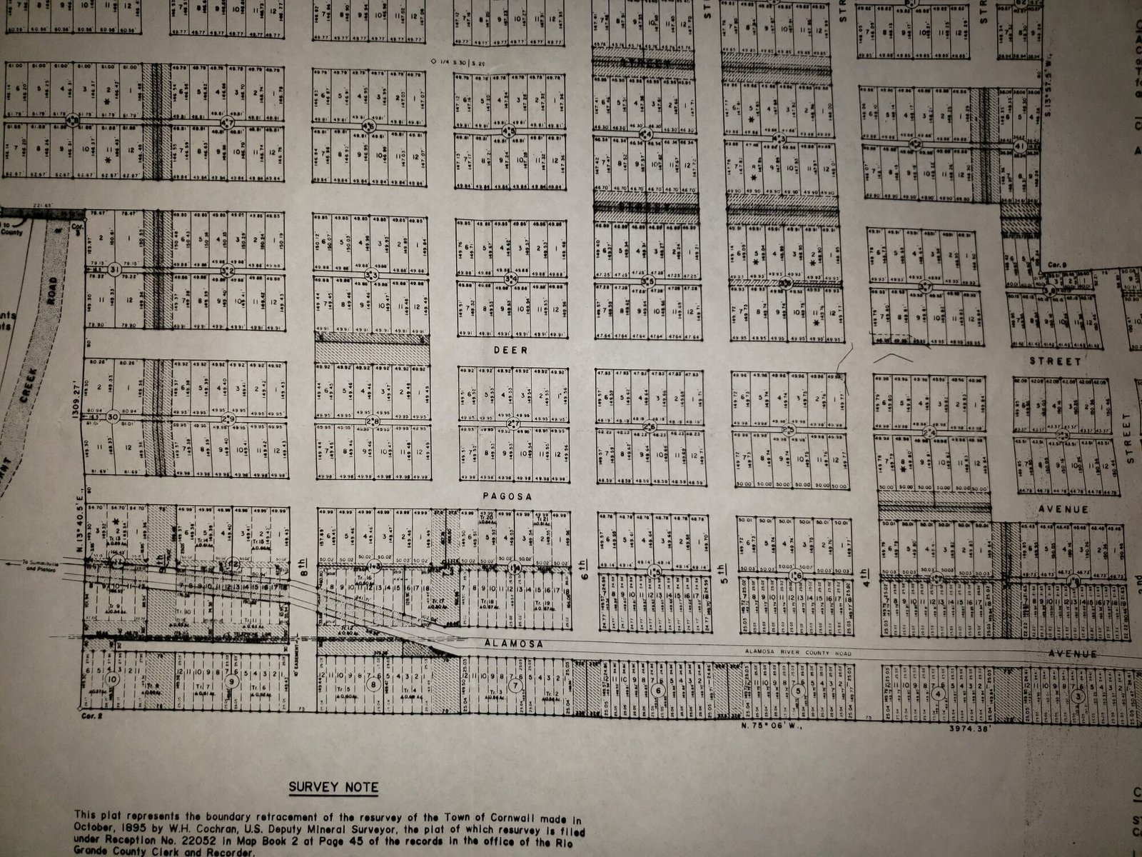 Surveyed plat sheet with numbered lots and a survey note referencing the 1895 resurvey