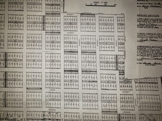 Surveyed plat sheet showing numbered lots and streets