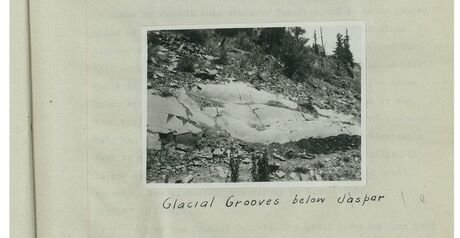 Black and white photograph mounted on a page, hand captioned: Glacial Grooves below Jaspar
