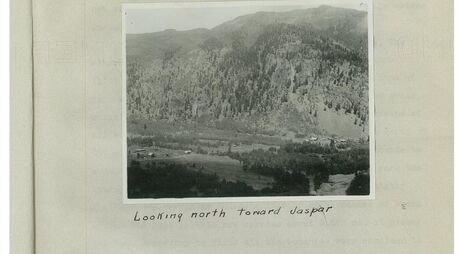 Black and white photograph mounted on a page, hand captioned: Looking north toward Jaspar