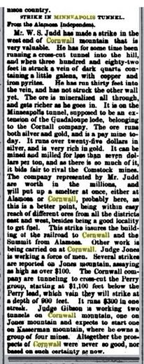 Newspaper column headed Strike in Minneapolis Tunnel, reprinted from the Alamosa Independent