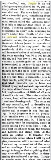 Newspaper column from a correspondent describing the Jasper mining camp and its ore