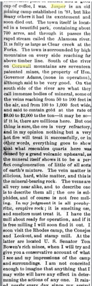 Newspaper column from a correspondent describing the Jasper mining camp and its ore