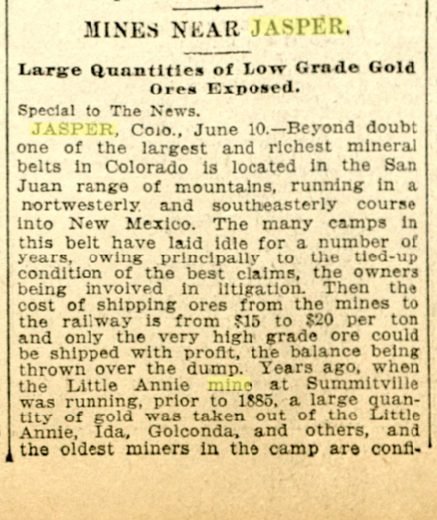 Newspaper column headed Mines Near Jasper, large quantities of low grade gold ores exposed