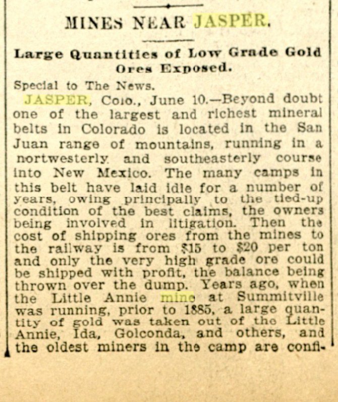 Newspaper column headed Mines Near Jasper, large quantities of low grade gold ores exposed