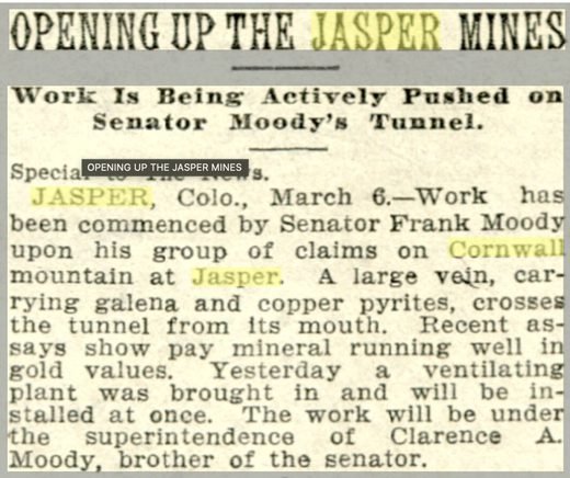 Newspaper headline reading Opening Up the Jasper Mines, work is being actively pushed on Senator Moody's tunnel