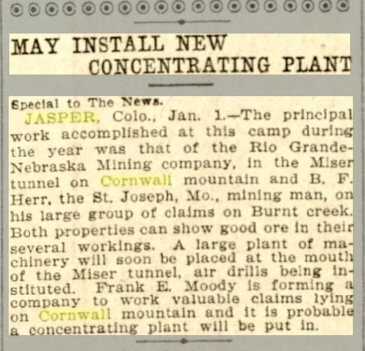 Newspaper headline reading May Install New Concentrating Plant above a report from Jasper