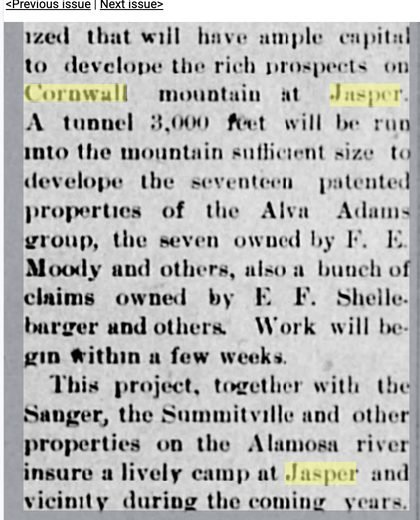 Newspaper column describing a proposed tunnel to develop claims on Cornwall mountain at Jasper