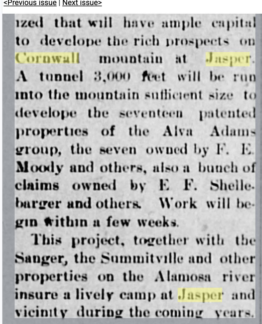 Newspaper column describing a proposed tunnel to develop claims on Cornwall mountain at Jasper