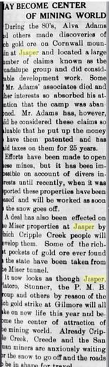 Newspaper column headed May Become Center of Mining World, describing claims at Jasper