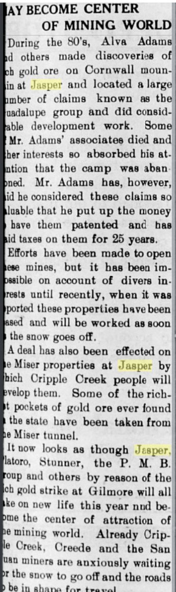 Newspaper column headed May Become Center of Mining World, describing claims at Jasper