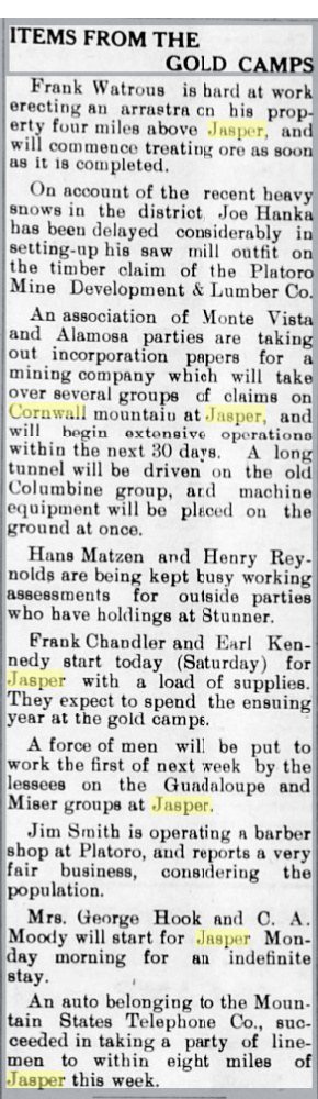 Newspaper column headed Items From the Gold Camps with short notices from Jasper and Platoro