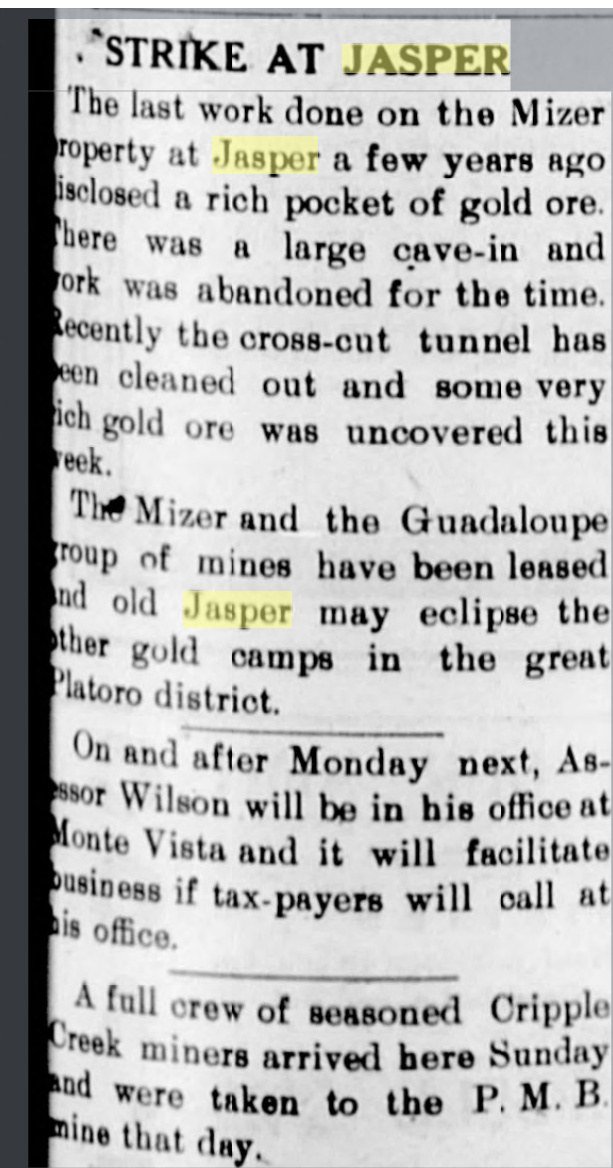Newspaper column headed Strike at Jasper, reporting rich gold ore uncovered in the Mizer tunnel