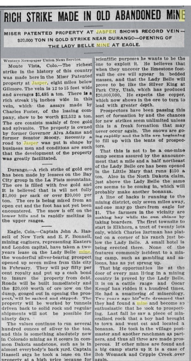 Newspaper page headed Rich Strike Made in Old Abandoned Mine, Miser patented property at Jasper shows record vein