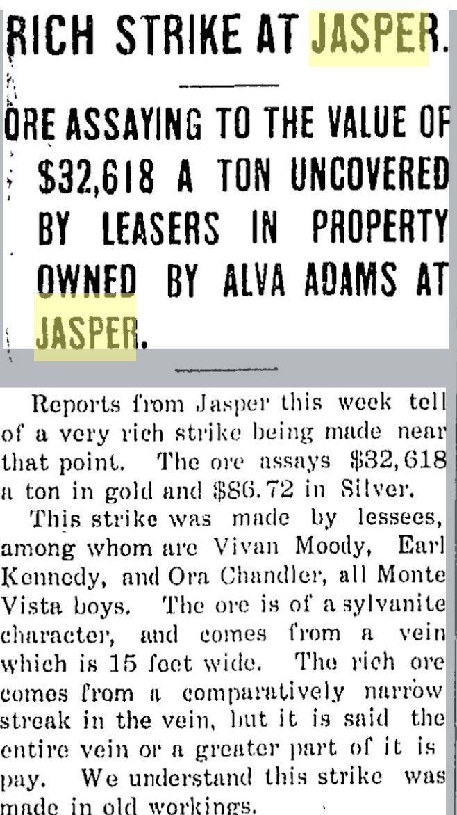 Newspaper front page headline reading Rich Strike at Jasper, ore assaying to the value of $32,618 a ton uncovered by leasers in property owned by Alva Adams at Jasper