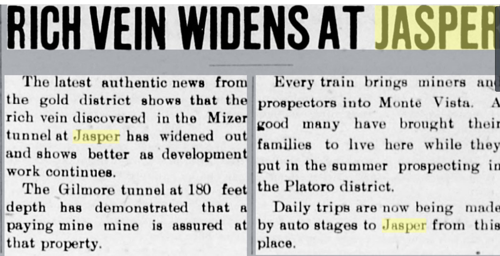 Newspaper headline reading Rich Vein Widens at Jasper above two columns of text