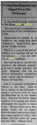 Newspaper column headed Mining News Reported and Clipped From Our Exchanges