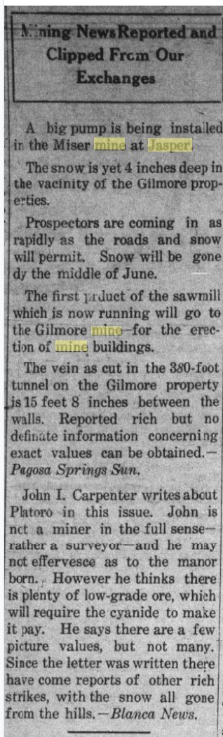Newspaper column headed Mining News Reported and Clipped From Our Exchanges
