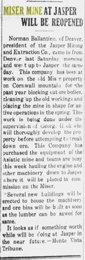 Newspaper column headed Miser Mine at Jasper Will Be Reopened