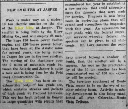 Newspaper column headed New Smelter at Jasper describing a ten ton electric smelter at the Miser mine
