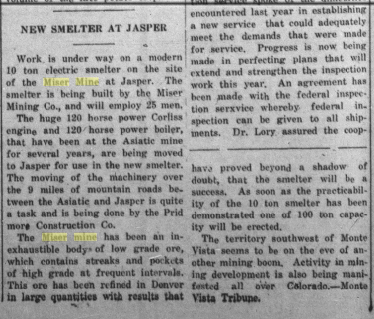 Newspaper column headed New Smelter at Jasper describing a ten ton electric smelter at the Miser mine