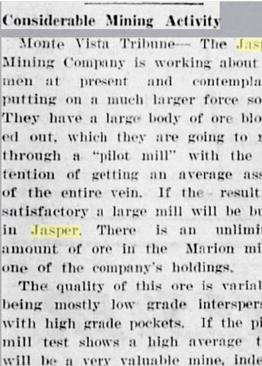 Newspaper column headed Considerable Mining Activity, reprinting a Monte Vista Tribune report on the Jasper Mining Company