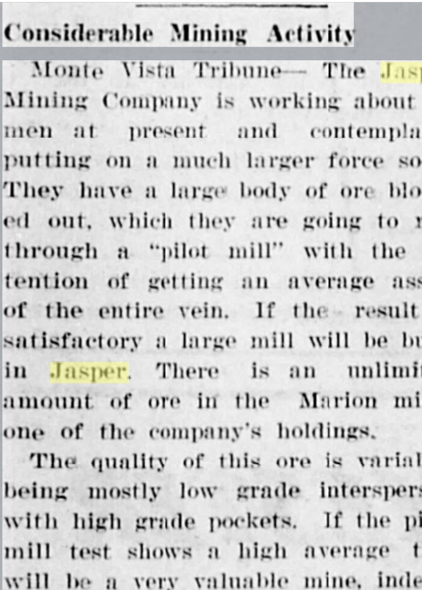 Newspaper column headed Considerable Mining Activity, reprinting a Monte Vista Tribune report on the Jasper Mining Company