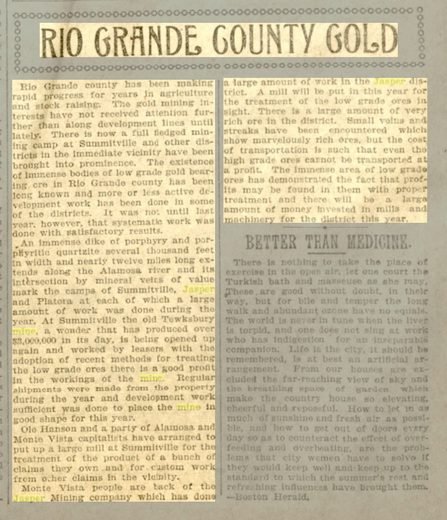 Newspaper page headed Rio Grande County Gold, surveying the mining camps of the county