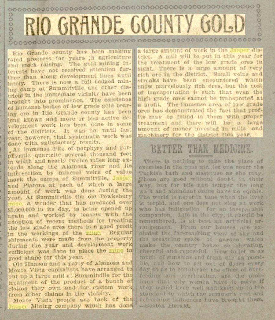 Newspaper page headed Rio Grande County Gold, surveying the mining camps of the county